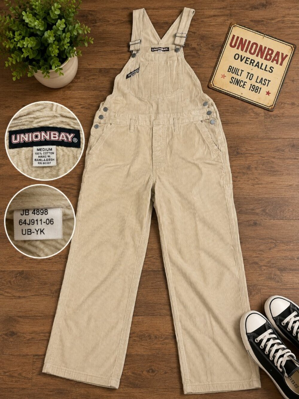 Vintage Unionbay Corduroy Overalls Cream Cotton Bib Carpenter Pants Medium